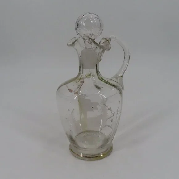 Antique Hand Blown Glass Vinegar Decanter Painted Angel Child Cruet Stopper VTG